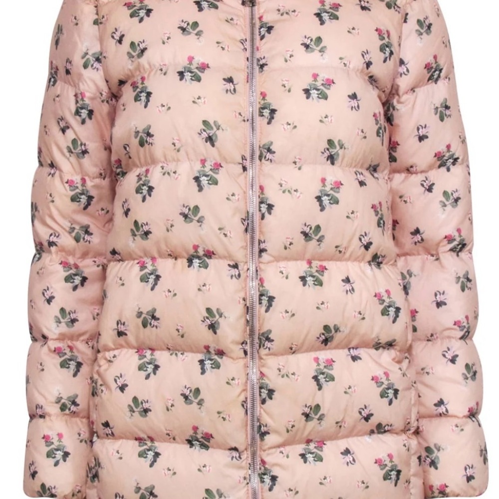 Moncler Pink Floral Nylon "Laburnum" Puffer Coat w/ Knit